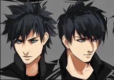 three anime characters with black hair and blue eyes, one is staring at the camera