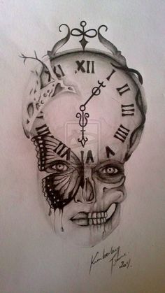 a drawing of a skull with a clock on it's face