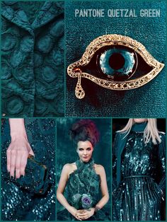 a collage of photos with an eye on the top, and green dress below