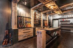 Hunting Shop Ideas, Gunshop Ideas, Hunting Gear Closet, Safe Room Ideas, Hunting Room Ideas, Hunting Gear Storage, Hunting Room Design, Vault Room, Reloading Room