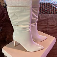 Women’s White Shiny Boots With Pleating, Full Size Zippers, Pointy Toe And Spike Heels By Chinese Laundry Brand, Size 8. See Measurement Pic For Heel Size. Lining Is A Foam Style. Fun Boots! Note: Some Dirt On Soles From Trying On Is Present! Nib! Fun Boots, Laundry White, Shiny Boots, Chinese Laundry Shoes, Stiletto Boots, Spike Heels, White Boots, Chinese Laundry, Shoes Heels Boots