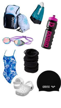 an assortment of sports gear including water bottle, swimming cap and swim trunks