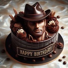 a chocolate cake with a man's face in the middle and coffee beans around it