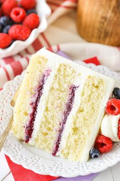 a slice of cake on a plate with berries