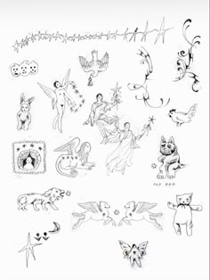 an image of many different tattoos on a white sheet with black and white inks