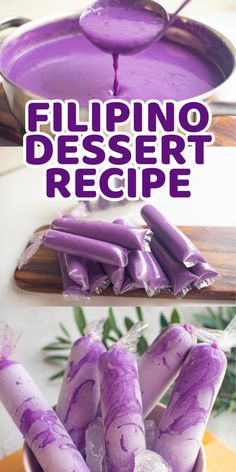 purple food is being prepared in a bowl with the words, filipino dessert recipe