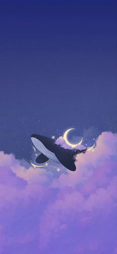 an orca whale floating in the sky with crescent moon and stars on it's back