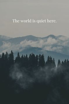 the word is quiet here surrounded by fog and trees in front of a mountain range