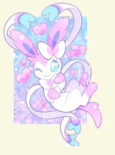 a drawing of a pink bunny with hearts on it