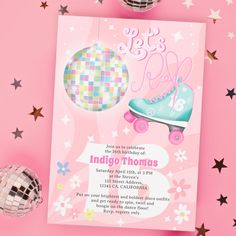 a pink birthday card with a skateboard and disco ball on the front, surrounded by confetti