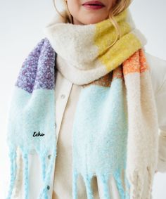 Dimensions: 15" X 72" Fabrication: 50% polyester, 50% recycled polyester Made in: China Colorful Scarf Outfit, Fleece Scarves, Knitted Scarves, Bozeman Mt, Bozeman Montana, Boyfriend Denim, Honey Pot, Old T Shirts, Beach Home