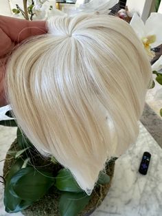 Till style bleach blonde  hair piece  for thinning crown white blonde  Hair Topper Hair Length : 10".Introducing our stunning synthetic high quality fibre like human hair hair clip-in topper light weight in a beautiful. Made from high-quality human hair, this topper is designed to perfectly blend in with your natural hair, providing you with a fuller and more voluminous look. This top hair piece add depth and dimension to your hair, giving you a radiant look. The clip-in design makes it incredib Blonde Hair Pieces, Blonde Hair Topper, Natural Looking Highlights, White Blonde Hair, Bleach Blonde Hair, Human Hair Clip Ins, Hair Topper, White Blonde, Bleach Blonde