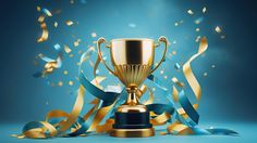 a golden trophy cup surrounded by streamers and confetti on a blue background