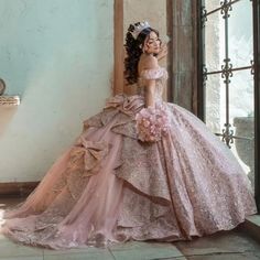 Loves Pink Ball Gown Quinceanera Dress 2023 Appliques Flowers Bow Off Shoulder Sweet 15 16 Years Rose Gold Ball Gown, Light Pink Quinceanera Dresses, Rose Gold Quinceanera Dresses, Gold Ball Gown, Rose Gold Quinceanera, Rose Gold Prom Dress, Quinceanera Pink, Quinceanera Themes Dresses, Pink Quince