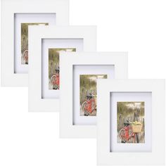 three white frames with an image of a red bike