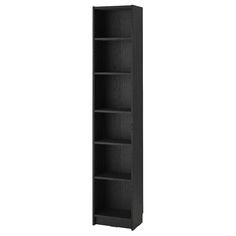 a tall black bookcase with three shelves