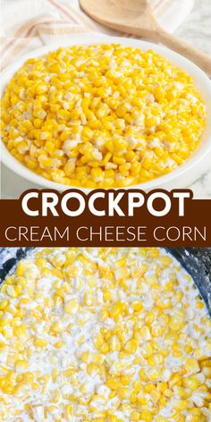 crockpot cream cheese corn in a skillet with the words crockpot on it