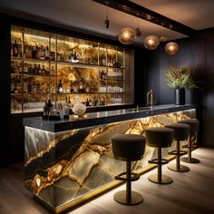 an elegant bar with marble counter tops and stools