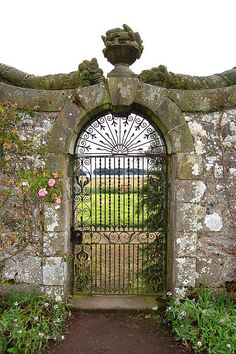 an iron gate with a bird on top and flowers growing around it, in front of a stone wall