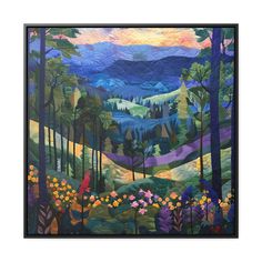 a painting with trees, flowers and mountains in the background