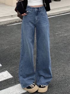 DAZY Women Loose Fit Long Length Wide Leg Jeans With Cat Whisker DesignI discovered amazing products on SHEIN.com, come check them out! Modesty Outfits, Moustaches, Cute Preppy Outfits, Long Jeans, Pantalon Large, Wide Leg Denim, Casual Denim, Long Length