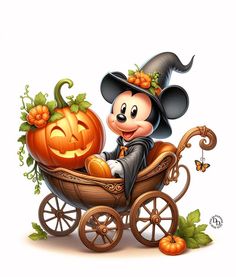 a mickey mouse in a pumpkin carriage with a jack - o'- lantern on it