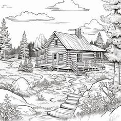 a cabin in the woods with stairs leading up to it and trees around it, coloring page