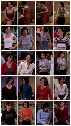 many pictures of women in different outfits on the set of friends tv show, including one woman