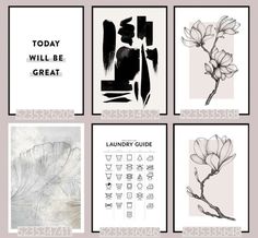 four black and white cards with flowers on them, each featuring the words today will be great