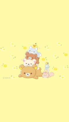 a group of teddy bears sitting next to each other on a yellow background with daisies