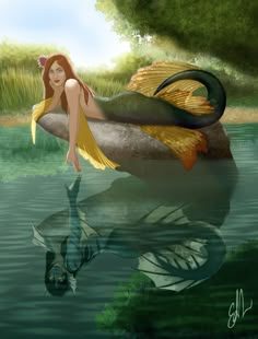 a painting of a mermaid sitting on a rock in the water with her tail curled up