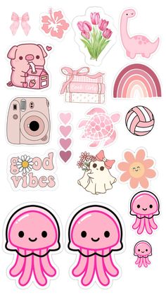 some stickers that are on the side of a white wall with pink flowers and other items