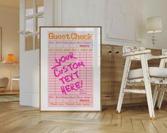 a chair sitting next to a sign that says guest check in pink writing on it