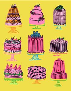 a bunch of cakes that are on top of each other in different colors and shapes