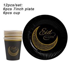 black and gold paper plates with arabic designs on them, each plate has a cup in the middle