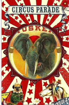 the circus poster has two elephants on it