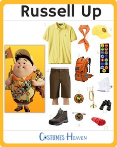 an image of a poster with clothes and accessories on it that says russell up, costume heaven