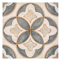 an artistic tile design in grey, white and gold colors with circles on the floor