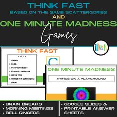 a poster with the words think fast and one minute madness games