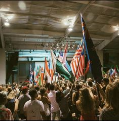 a large group of people holding flags in an auditorium