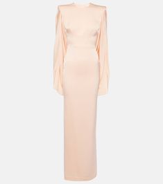 Caped crêpe satin gown in pink - Alex Perry | Mytheresa Evening Gown With Satin Finish And Maxi Length, Evening Gown With Satin Finish In Maxi Length, Chic Satin Finish Maxi Gown, Sleek Silk Evening Gown, Formal Silk Evening Dress With Draped Sleeves, Chic Silk Crepe Maxi Dress For Wedding, Full Length Silk Satin Dress, Sleek Silk Floor-length Evening Dress, Fitted Satin Finish Pre-draped Maxi Dress