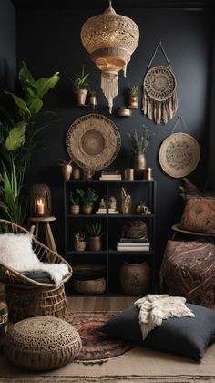 a living room filled with lots of furniture and plants on top of a wooden floor