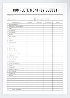 a printable budget sheet with the words'complete monthly budget'on it