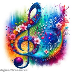 a colorful music note with flowers and musical notes