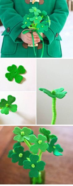 a collage of photos showing how to make st patrick's day shamrocks