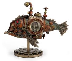 Steampunk Submarine Melanocetus-Unus Dare to take a dive on the Melanocetus Unus? This submarine has been built in the Steampunk style to resemble the infamous Anglerfish. Bronze, copper, and gold hues show off the cogs, gears, tubes, and pipes that make up the submarine figurine. Fearsome teeth adorn the mouth, and the fins and tail complete the fishy look. A unique collectible that is sure to catch the eye and get some comments! Size: 8 7/8 L Material: Cold cast bronzeItem# US-WU76795A4 Steampunk Submarine, Fantasy Statue, Steampunk Dragon, Steampunk Octopus, Pyramid Collection, Steampunk House, Steampunk Decor, Bronze Figurine, Romantic Fantasy