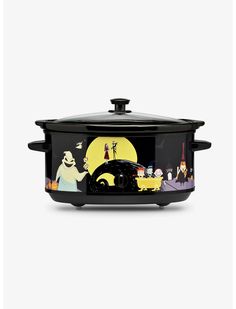 a black crock pot with cartoon characters on it