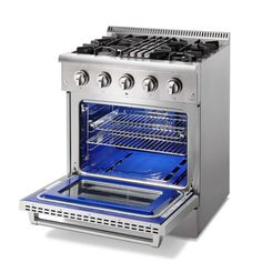 an oven with the door open and two burners on each side, showing blue lighting