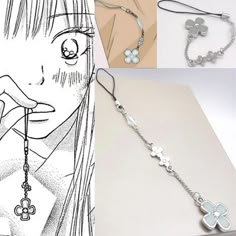 three different images of the same woman's face and necklaces with flowers on them