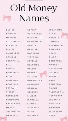 an old money names poster with pink bows